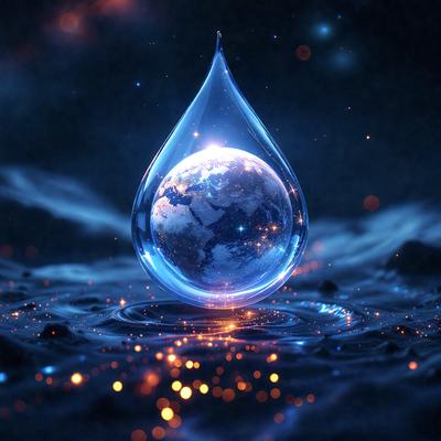 The primary subject of the image is a blue, glowing, and transparent tear-shaped object, which appears to be a glass globe. The setting is a dark, starry night, with the globe floating in the middle of the scene. The visual style is a combination of a photo and digital art, creating a unique and captivating atmosphere. The colors and mood of the image are predominantly dark and mysterious, with the blue glow of the globe providing a sense of depth and intrigue.